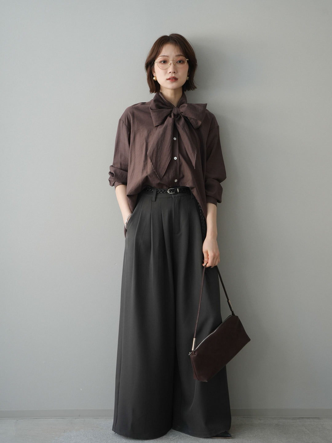 [予約]編み込みベルト付タックワイドパンツ/gray