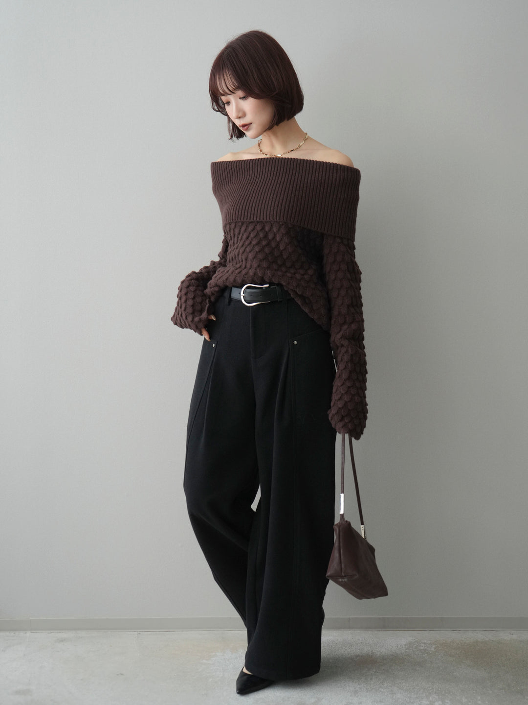 [予約]ポコポコ編みオフショルニットプルオーバー/brown