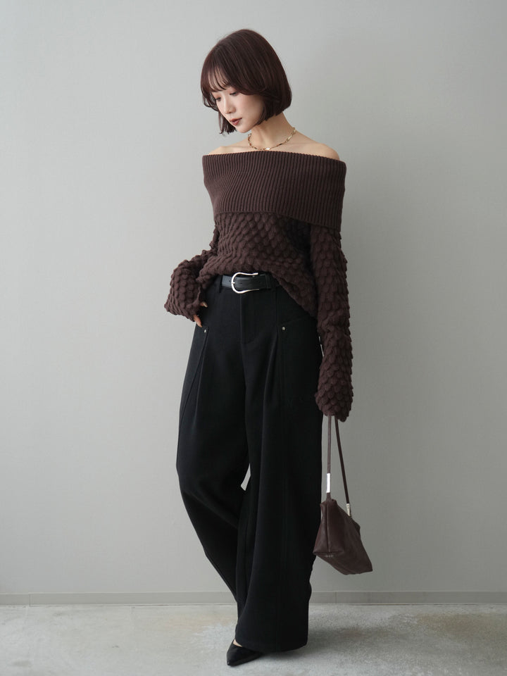 [予約]ポコポコ編みオフショルニットプルオーバー/brown