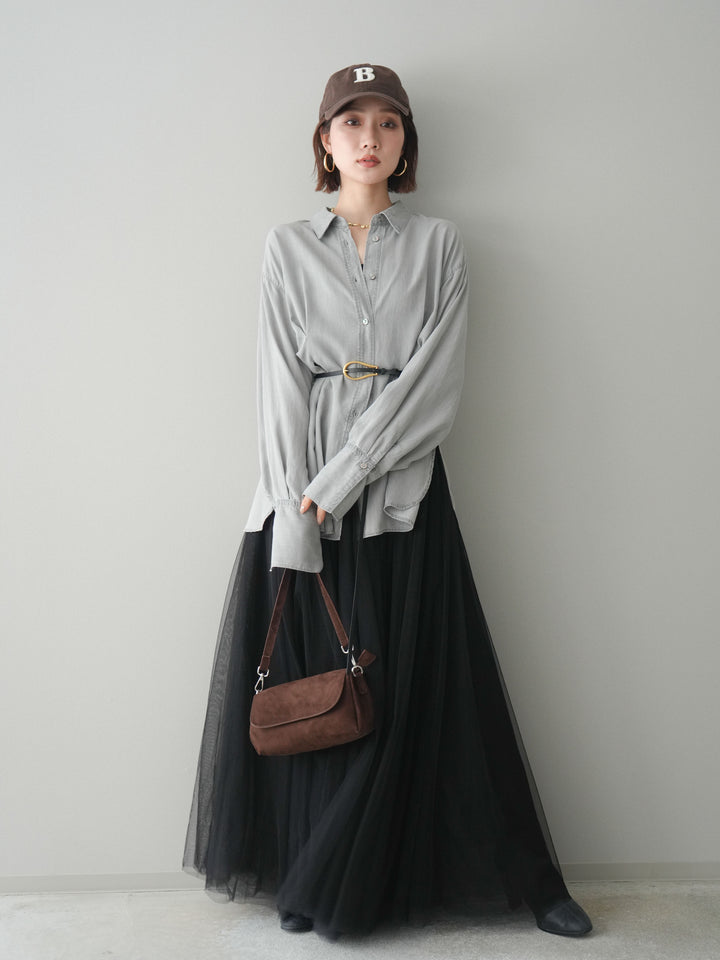 [SET]テンセルデニムタックシャツ+チュールボリュームスカート(2set)