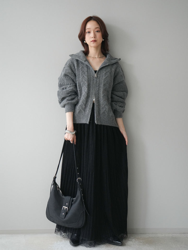 [SET]ケーブル編みハイネックZIPニットカーディガン+裾レーススウェードプリーツマキシスカート(2set)
