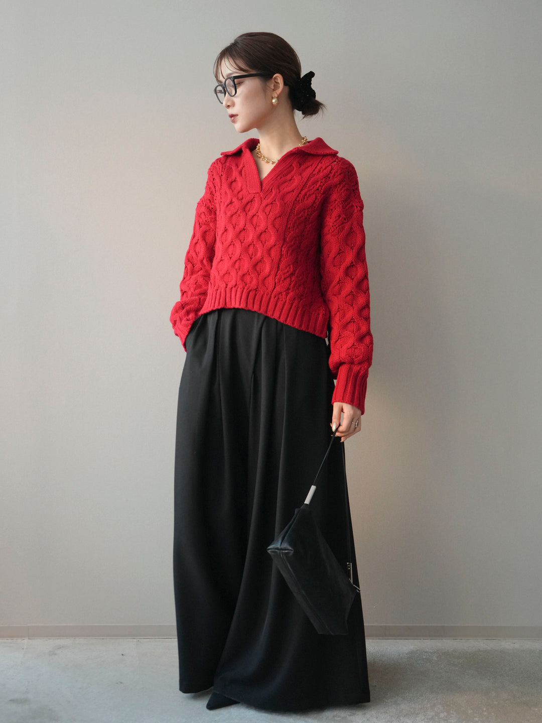 [SET]バルキーケーブルクロップド開襟プルオーバー+テープベルトタックバギーパンツ(2set)