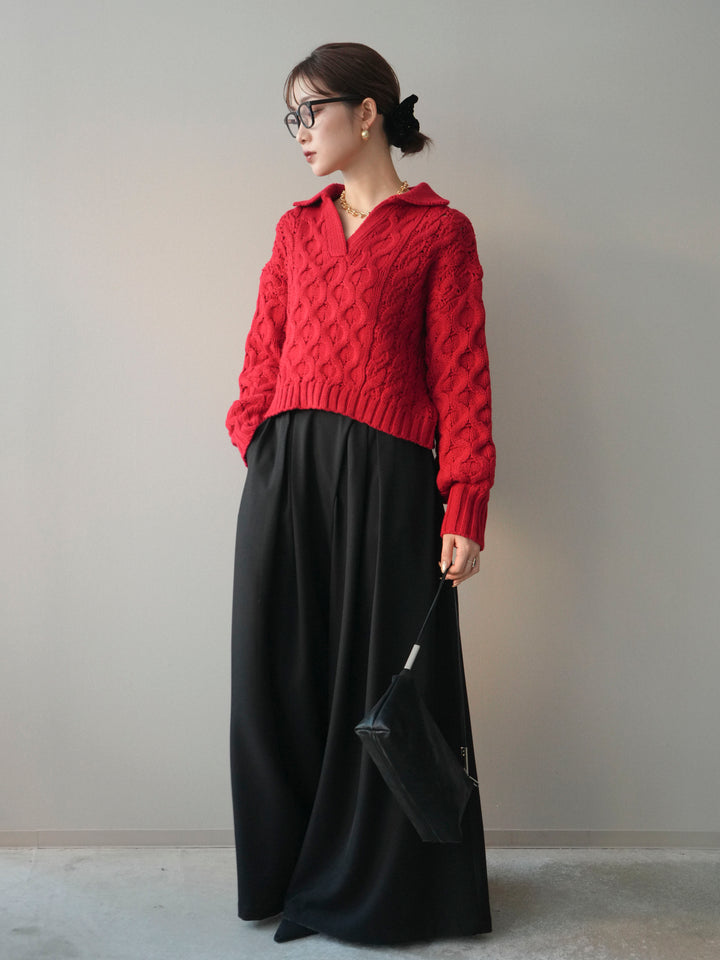 [SET]バルキーケーブルクロップド開襟プルオーバー+テープベルトタックバギーパンツ(2set)