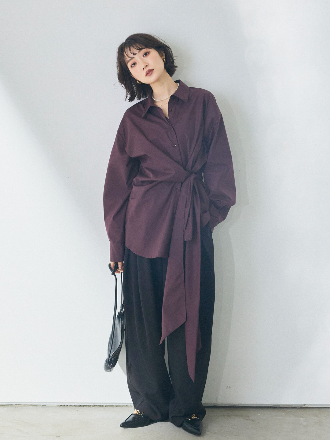 【Allure】[SET]ウエストアシメリボンシャツ+アシンメトリーウエストタックパンツ(2set)