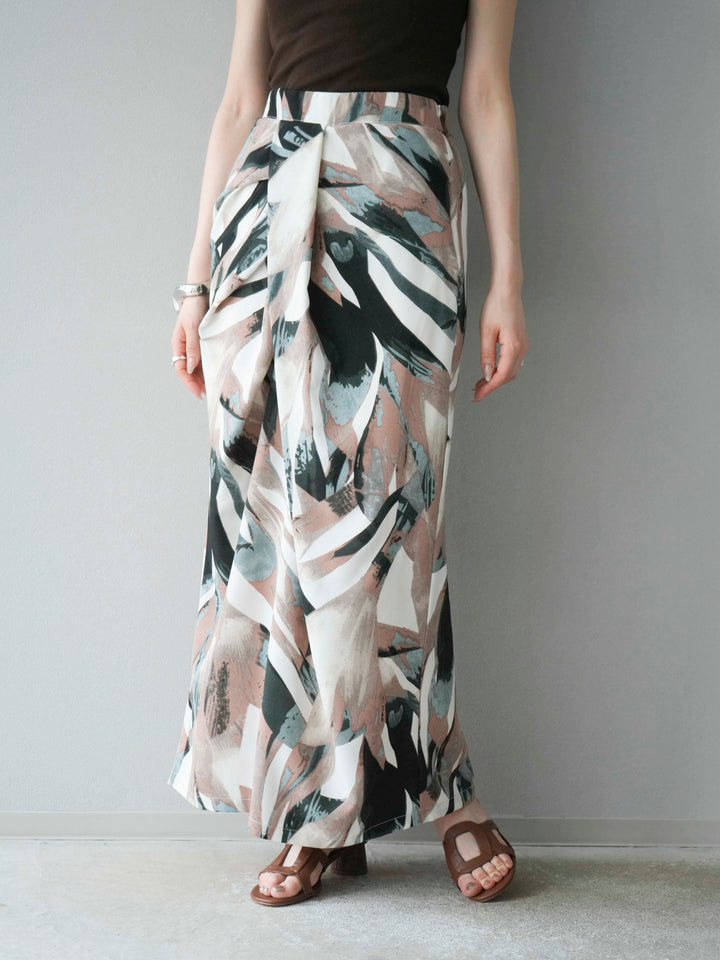 [預購] 度假風印花褶襉I字裙/綠色