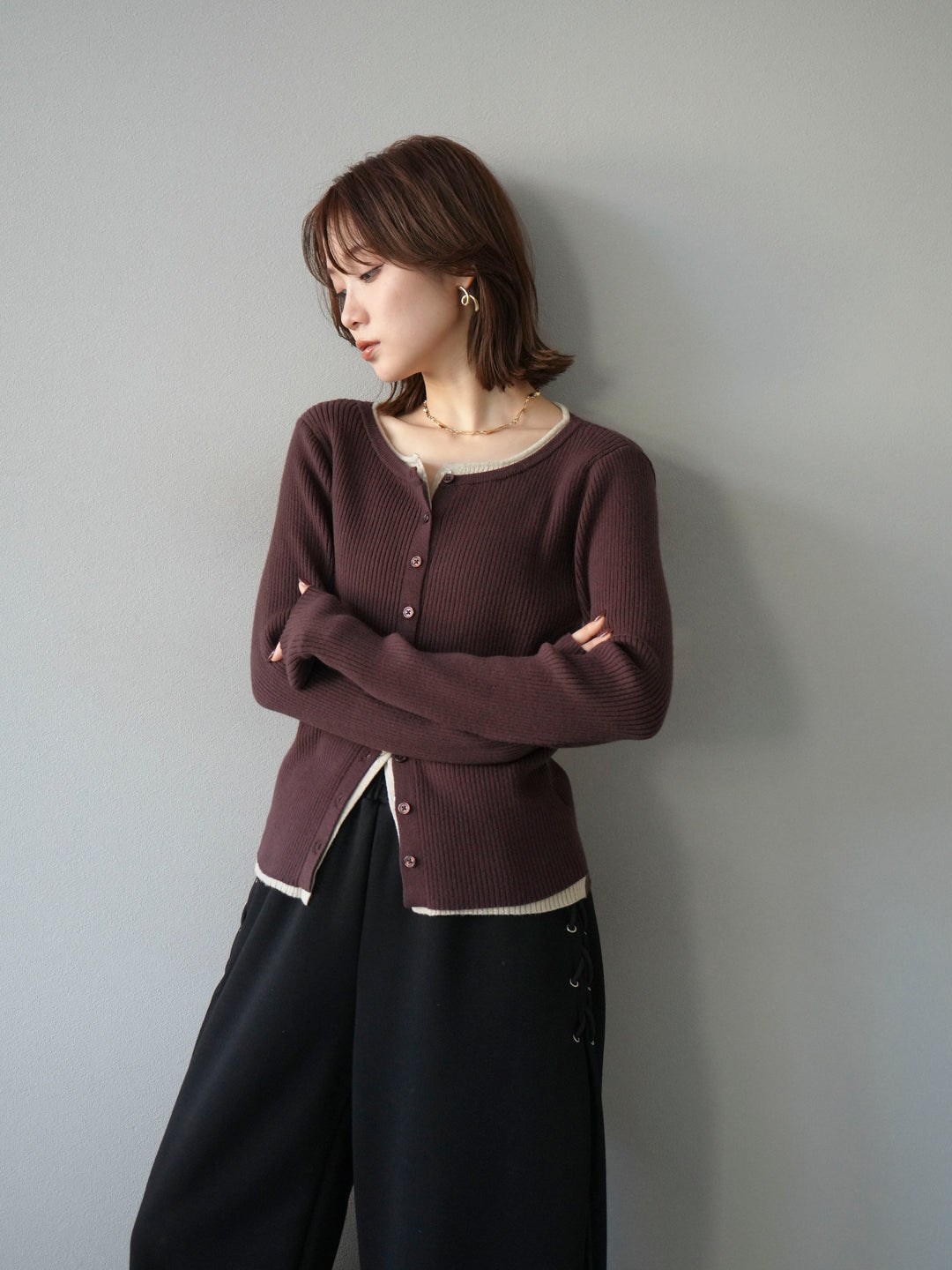 [予約]レイヤード配色ニットカーディガン/ブラウン