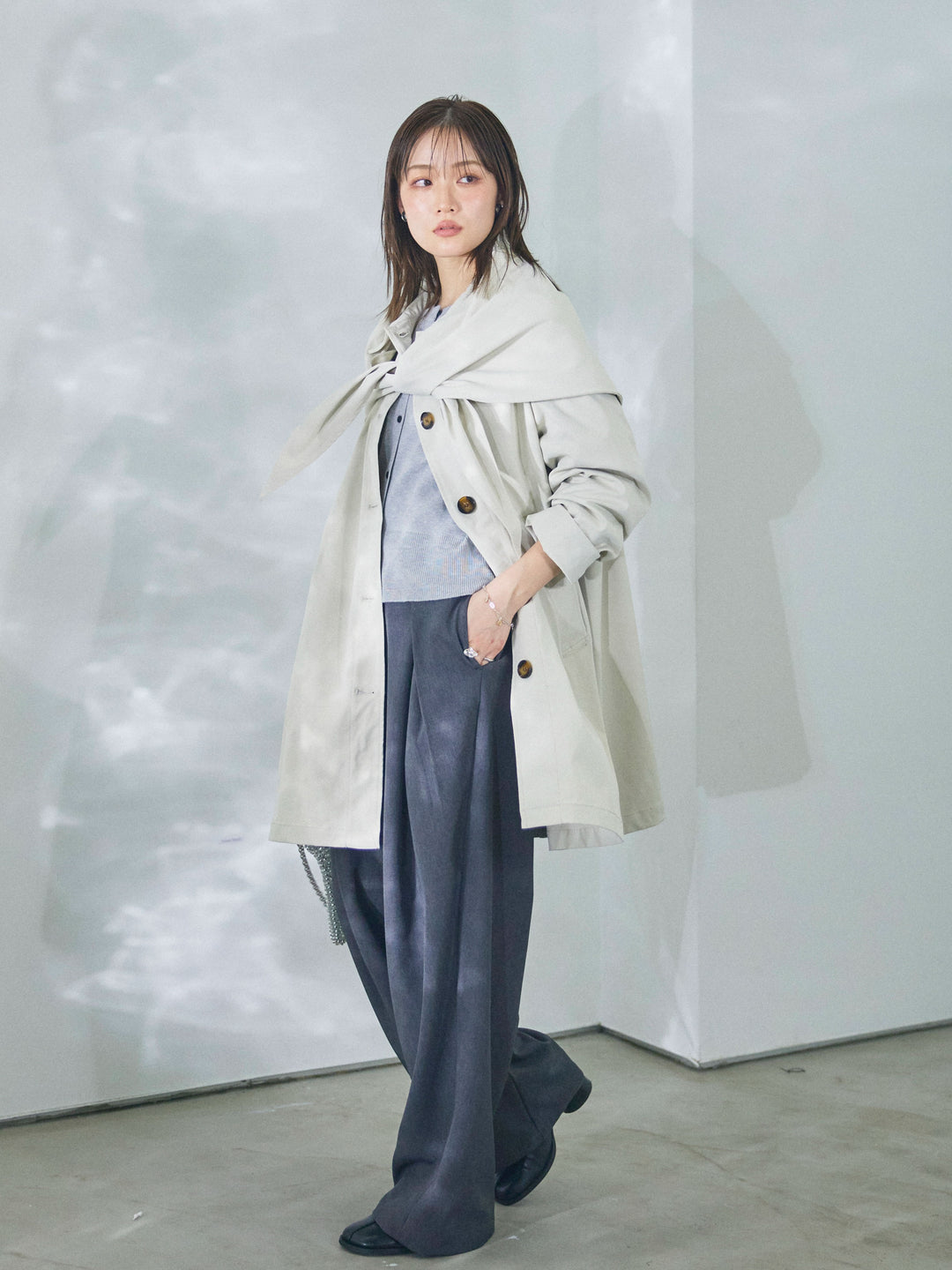 【Allure】[SET]スカーフ付ステンカラーミディアムコート+スカーフ付ステンカラーミディアムコート(2set)