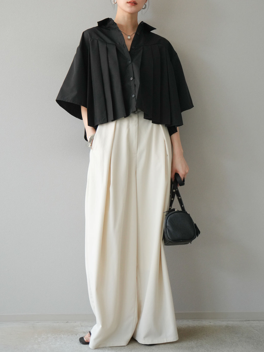 [預購] 縐雪紡褶皺寬褲/象牙白