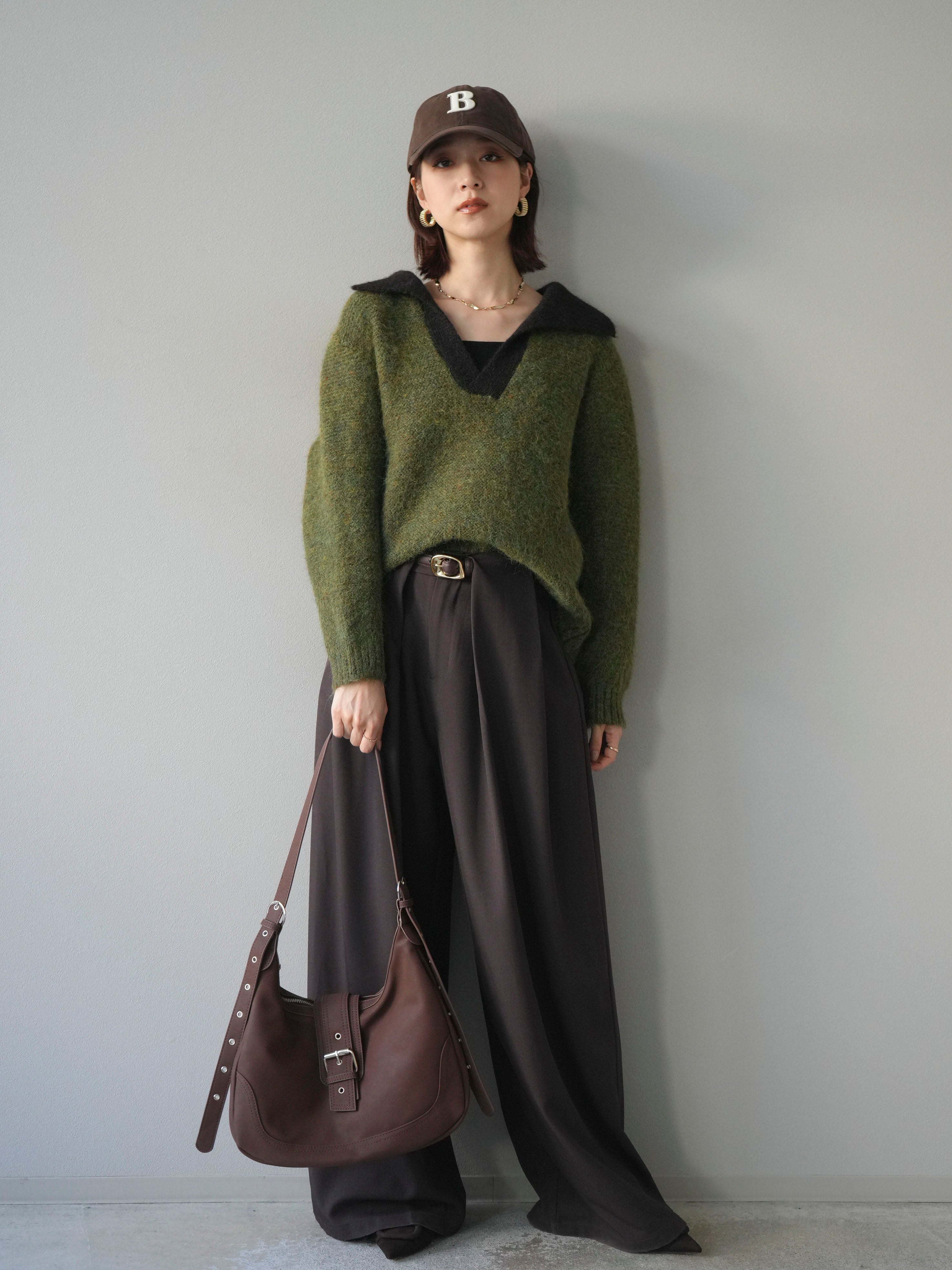 SET]バイカラー襟付きニットプルオーバー+ベルトループデザインワイド