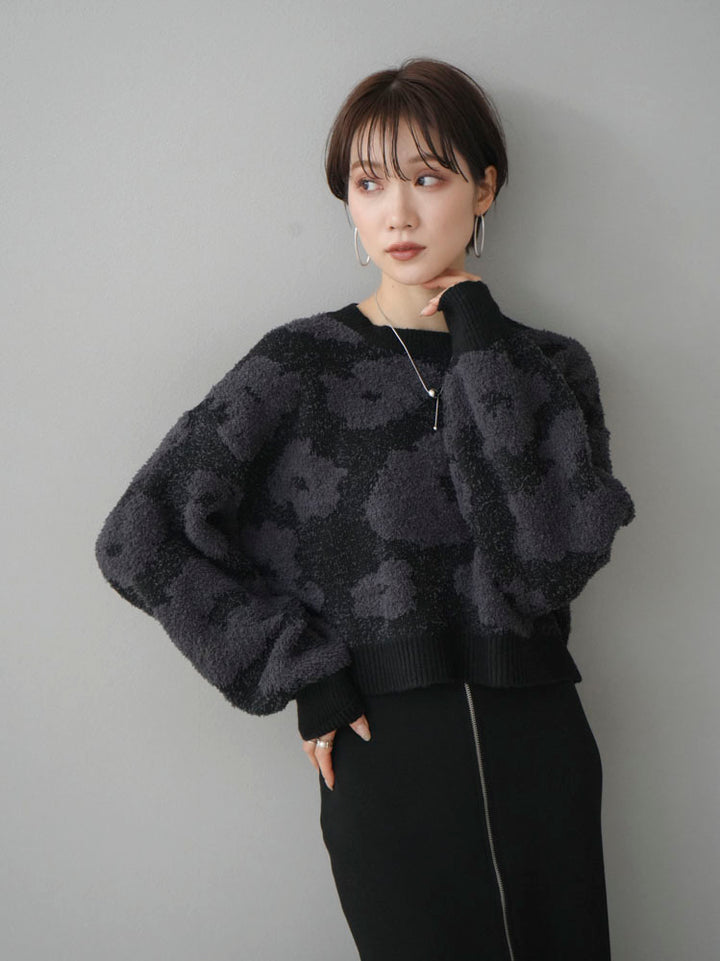 [Pre-order] Cropped knit with different material nuance patterns/Black x Charcoal