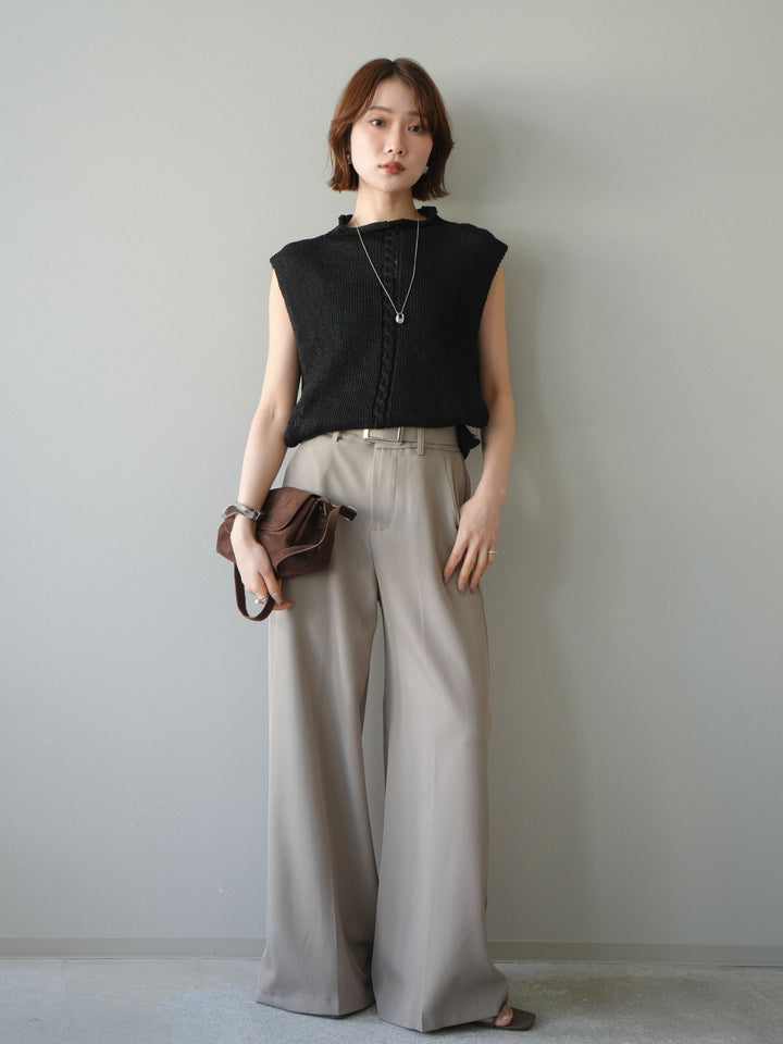 【套裝】開襟針織上衣+銀色搭扣垂褶闊腿褲（兩件套）