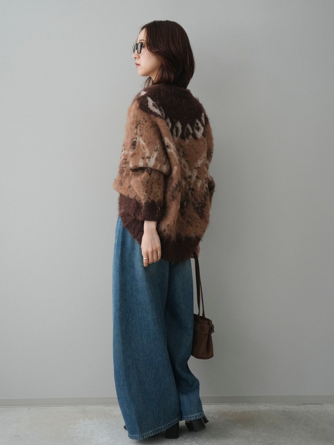 [SET]シャギーニュアンス柄ニットプルオーバー+ベルト付裏起毛カーブデニムパンツ(2set)