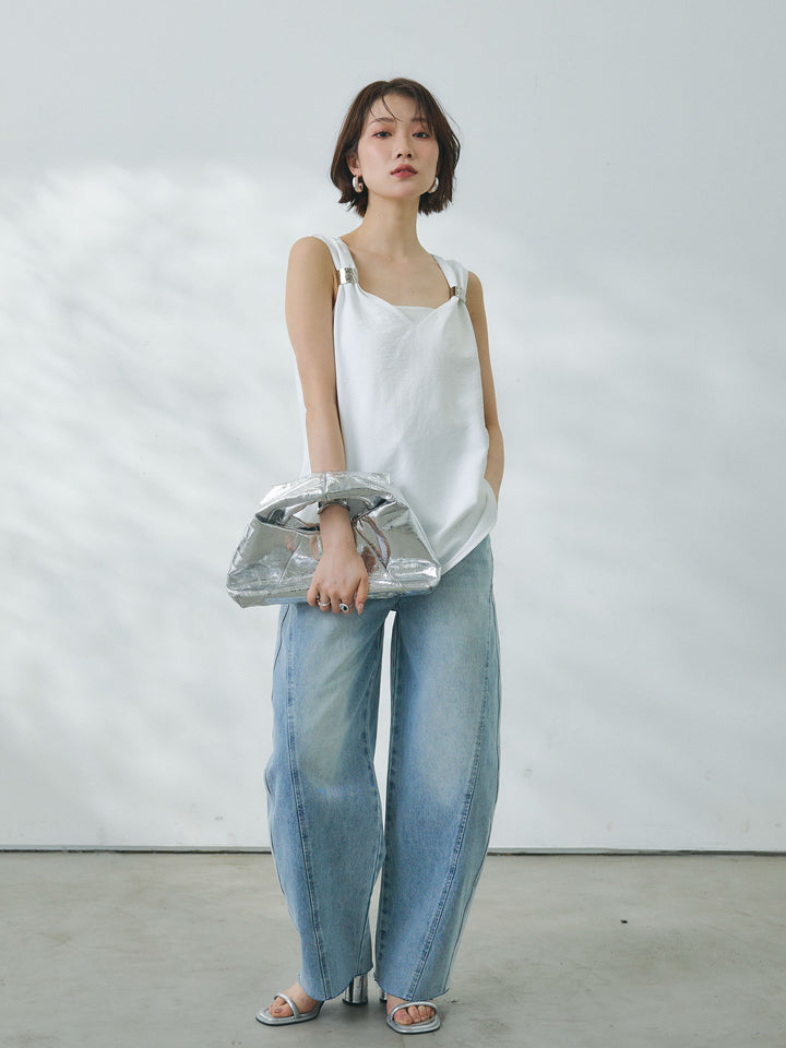 【Allure】[SET]メタルモチーフノースリーブブラウス+ウエストフリンジカットオフカーブデニムパンツ(2set)