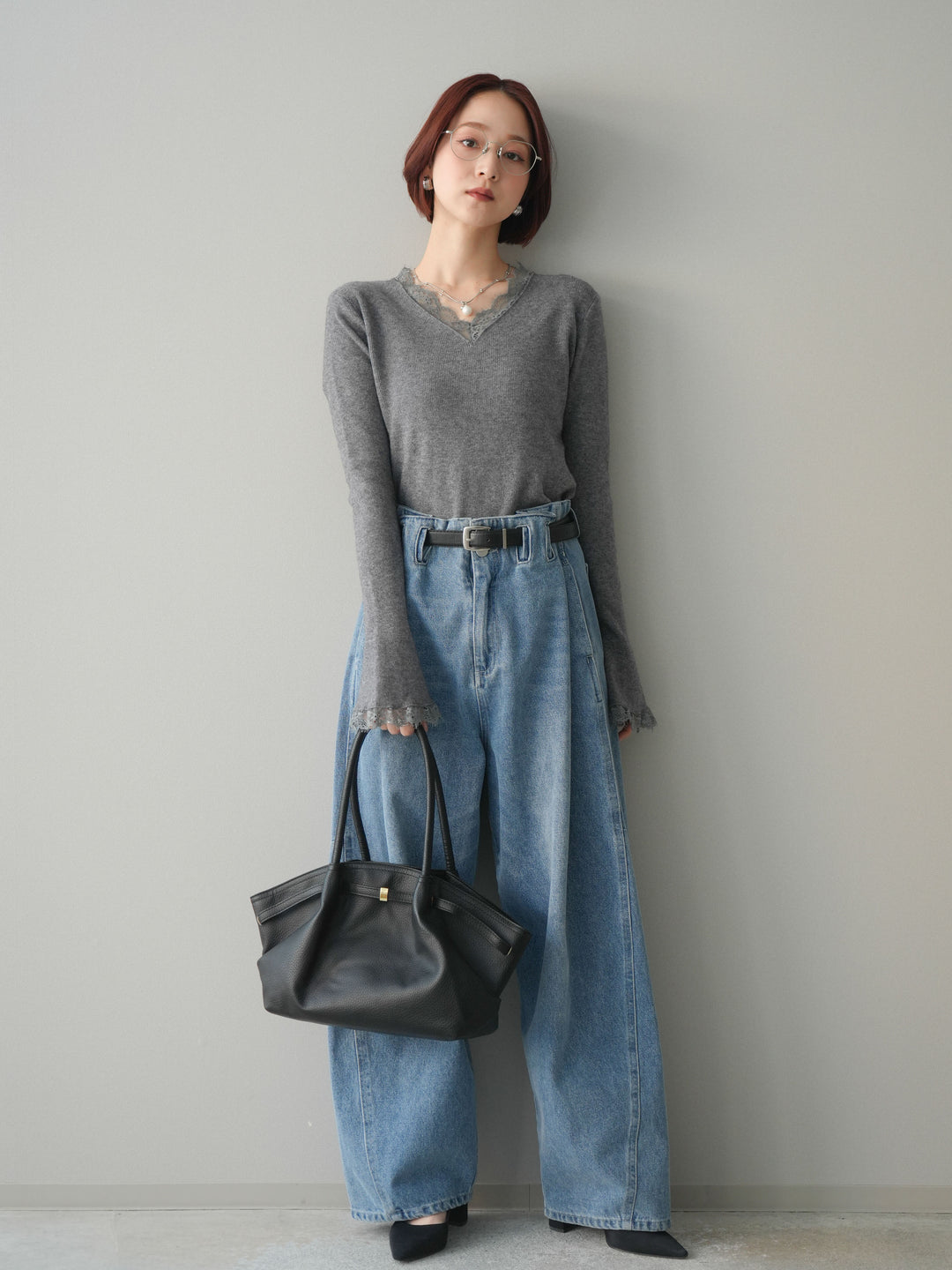 [SET]レースドッキングVネックニットトップス+ハイウエストベルトループデザインデニムパンツ(2set)