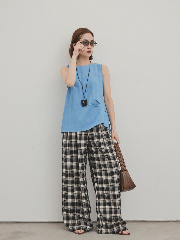 [SET] 扭紋無袖上衣配皮項鍊 + 格紋寬褲 (2 件套)