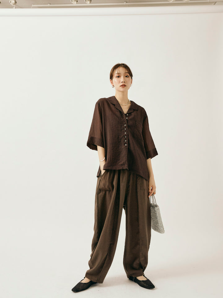 【Allure】[SET]シャイニースラブシアー開襟ハーフシャツ+リネンライクベイカーバルーンパンツ(2set)