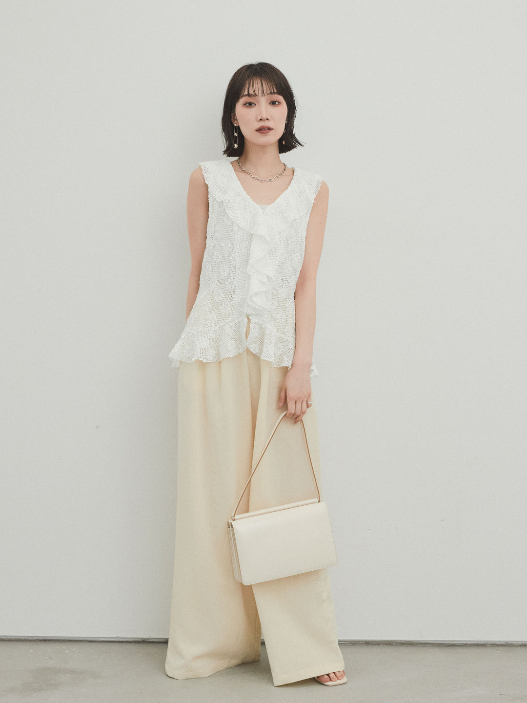 [SET]テープヤーンラッフルノースリトップス+リネンタッチタックワイドパンツ (2set)