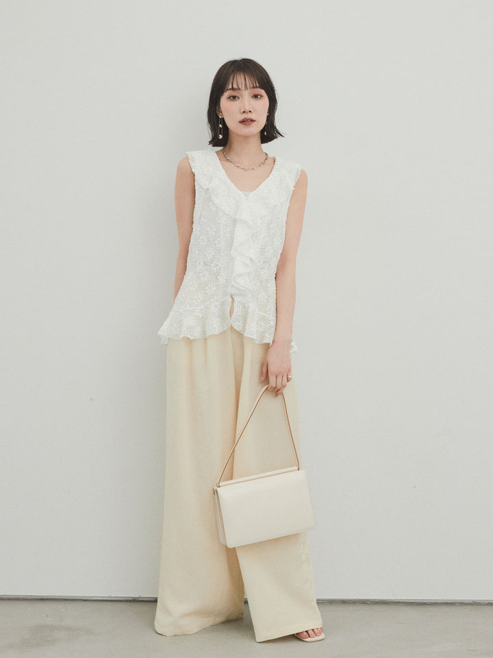 [SET]テープヤーンラッフルノースリトップス+リネンタッチタックワイドパンツ (2set)