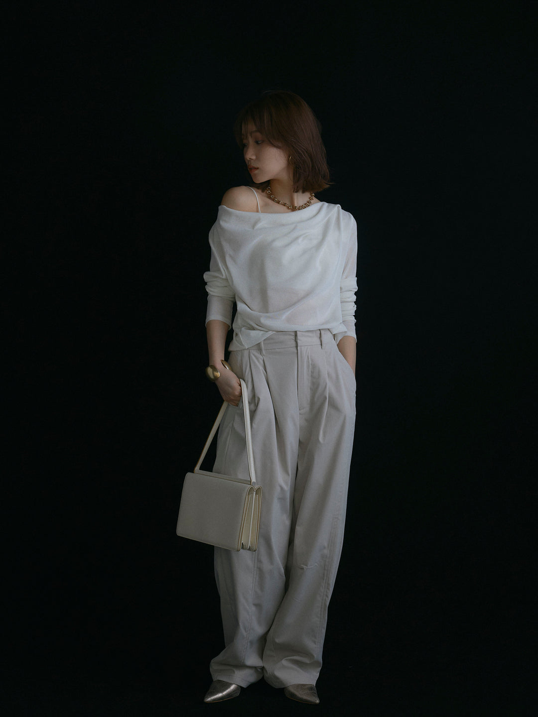 【Allure】[SET]シアーベロアタックデザイントップス+タフタワイドカーブパンツ(2set)