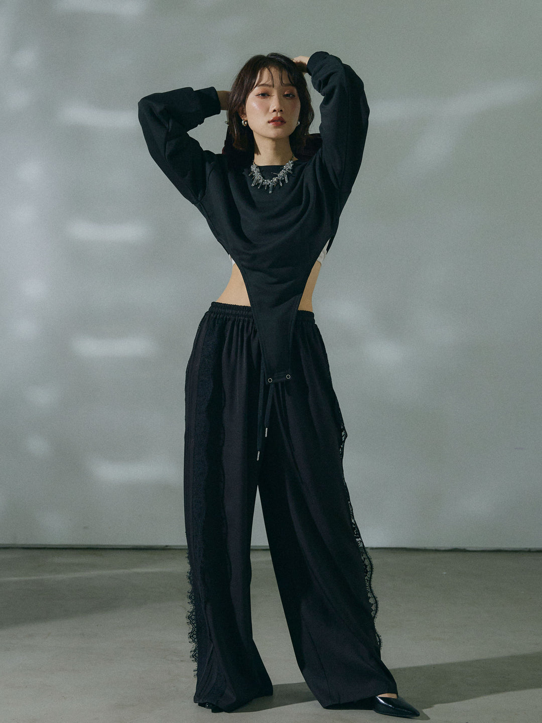 【Allure】[SET]スウェットボディスーツ+サイドピンタックレースイージーワイドパンツ(2set)