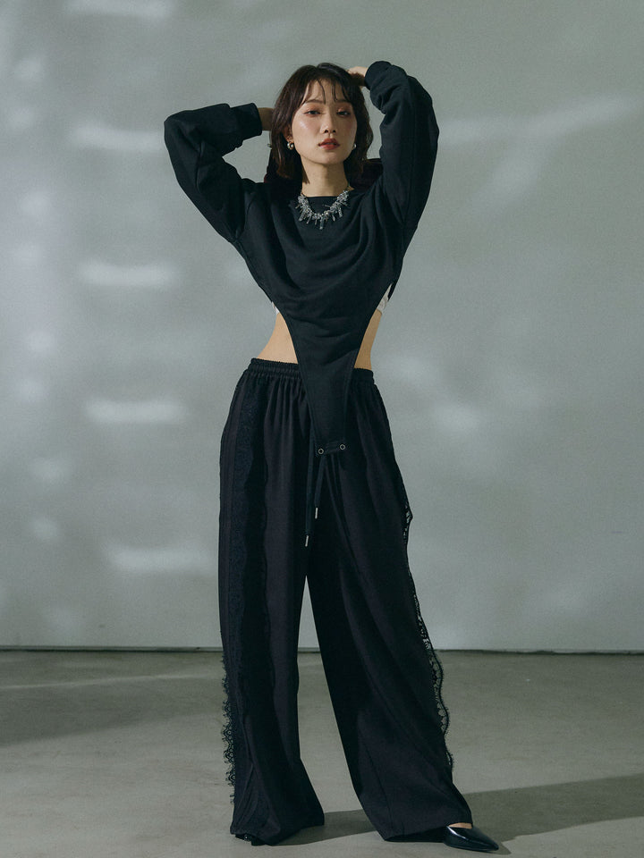 【Allure】[SET]スウェットボディスーツ+サイドピンタックレースイージーワイドパンツ(2set)