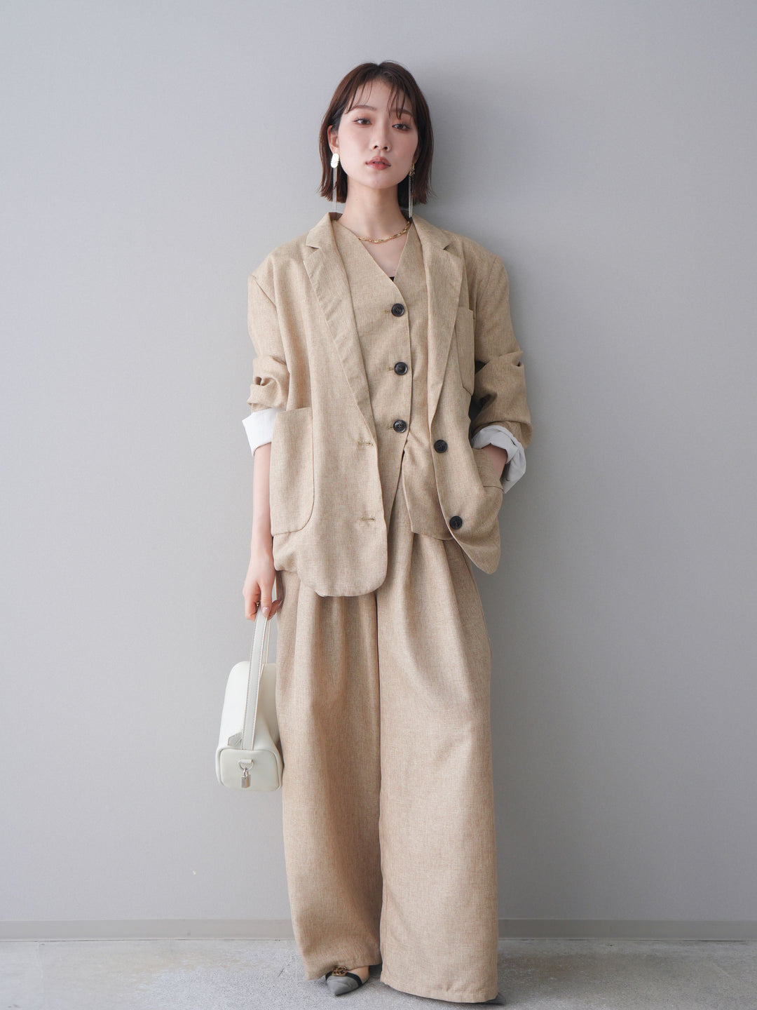 [SET]リネンライクテーラードジャケット+リネンライクバックオープンジレ+リネンライクタックワイドパンツ(3set)