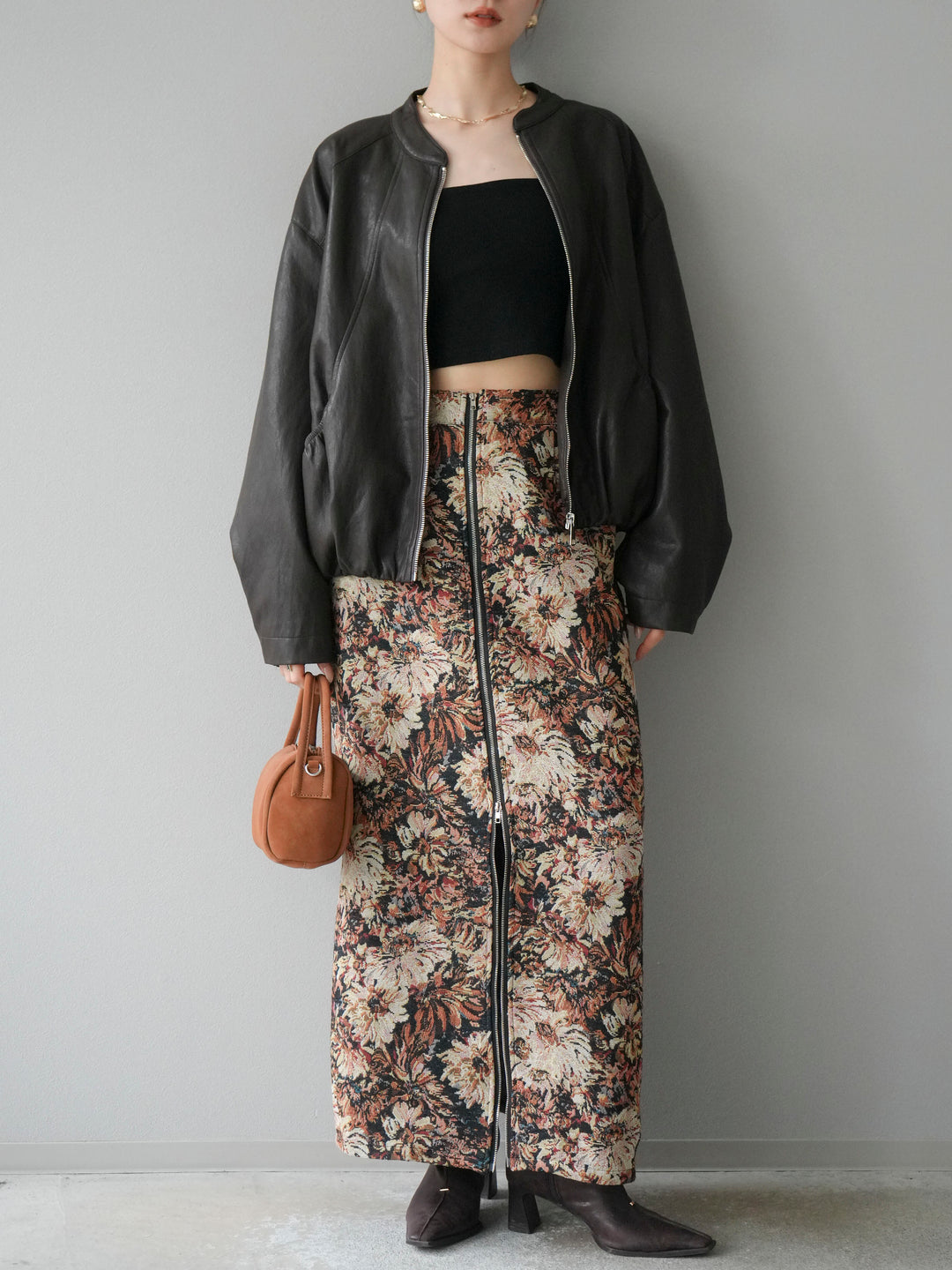 [予約]ゴブランフロントジップタイトスカート/ベージュ