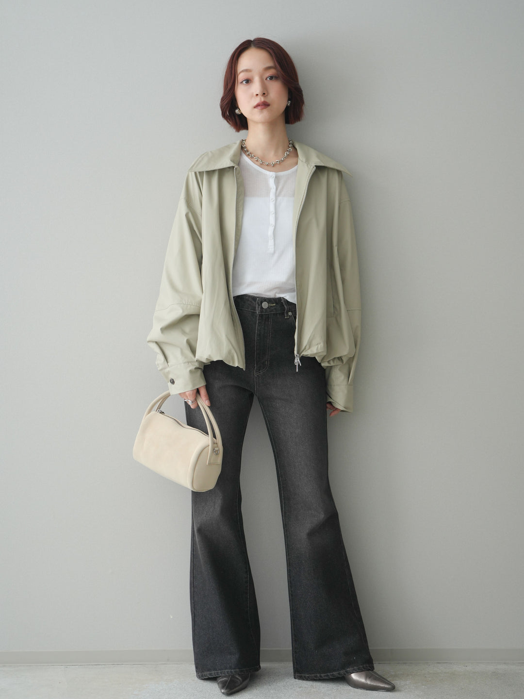 [予約]ウォッシャブルフェイクレザーバルーンジャケット/ecru