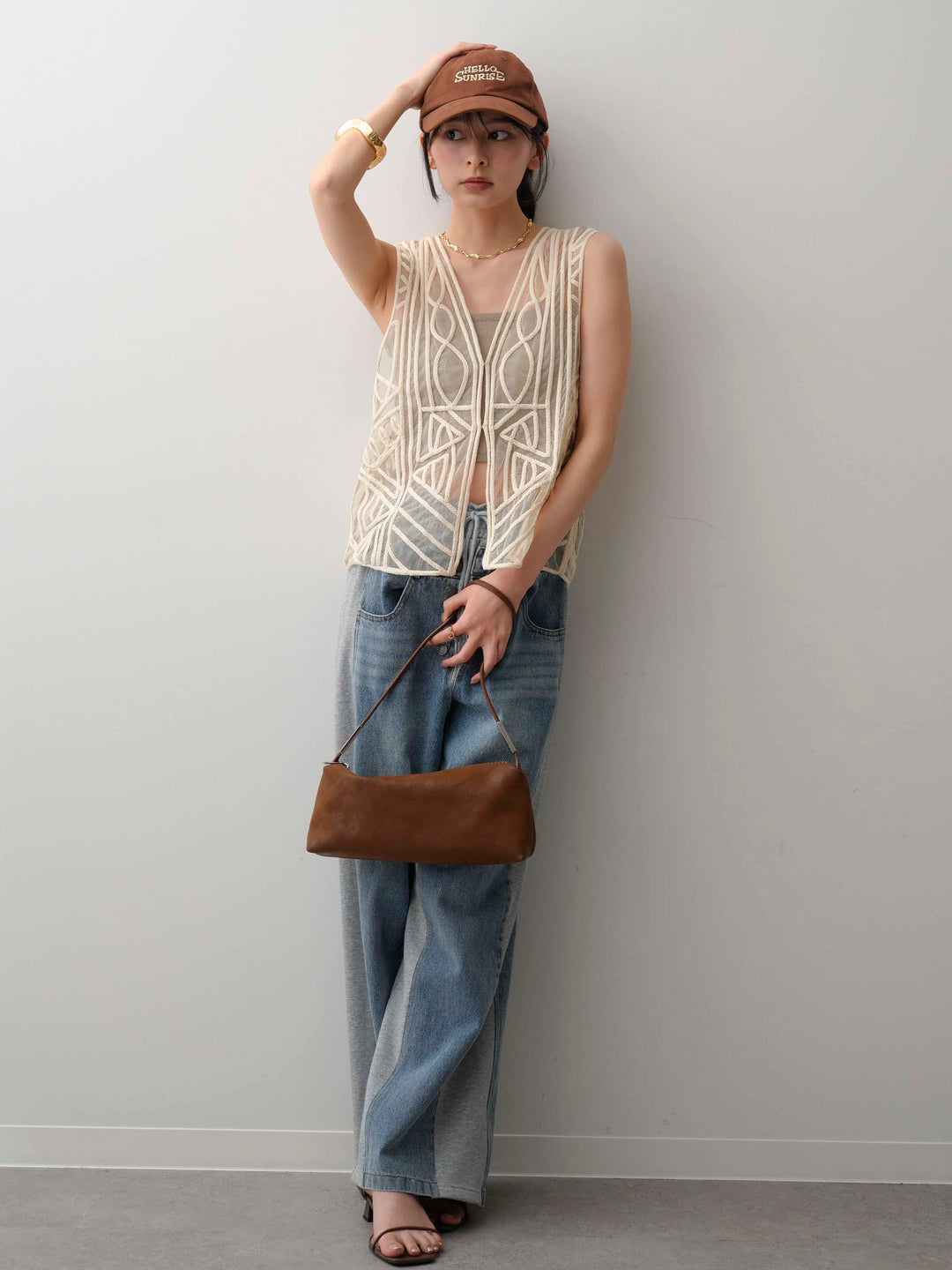 【套裝】燈芯絨背心+牛仔拼接運動褲（兩件套裝）