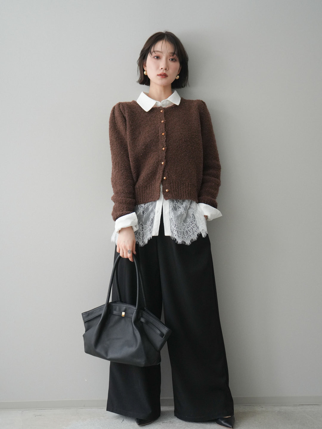 [予約]ウエストレースタックワイドパンツ/black