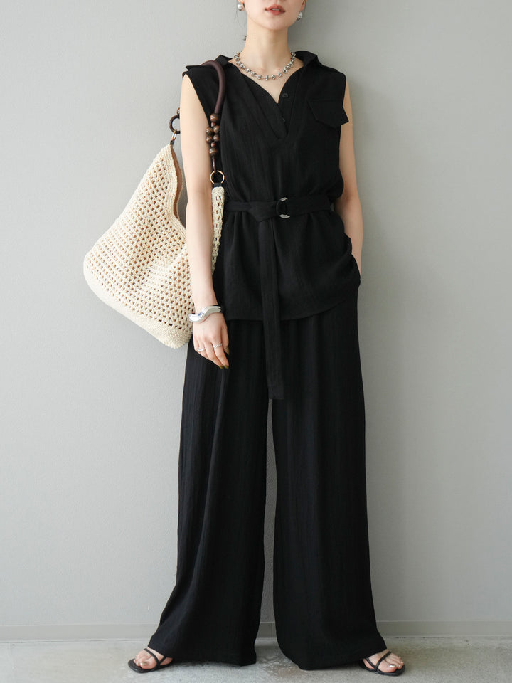 [SET]リネンライクスキッパーブラウス＆ワイドパンツSET UP