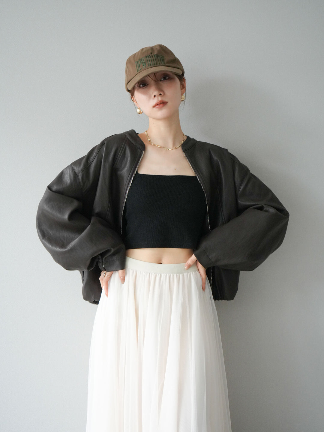 [予約]フェイクレザー裾バルーンブルゾン/ブラウン