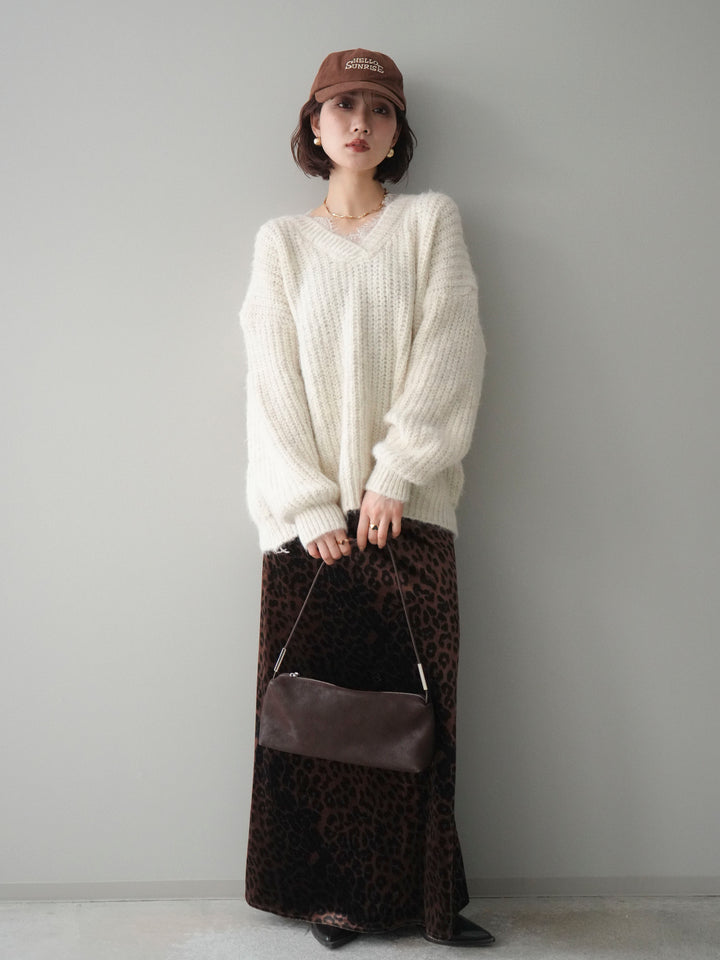 [予約]Vネックレースニットプルオーバー/white