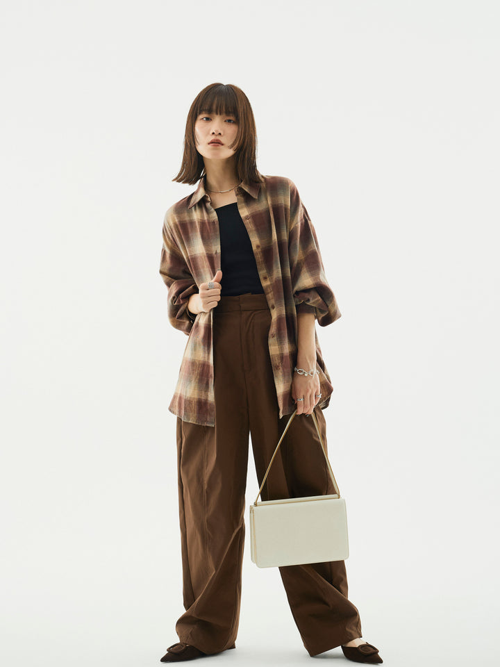 【Allure】[SET]オンブレチェックオーバーシャツ+タフタワイドカーブパンツ(2set)