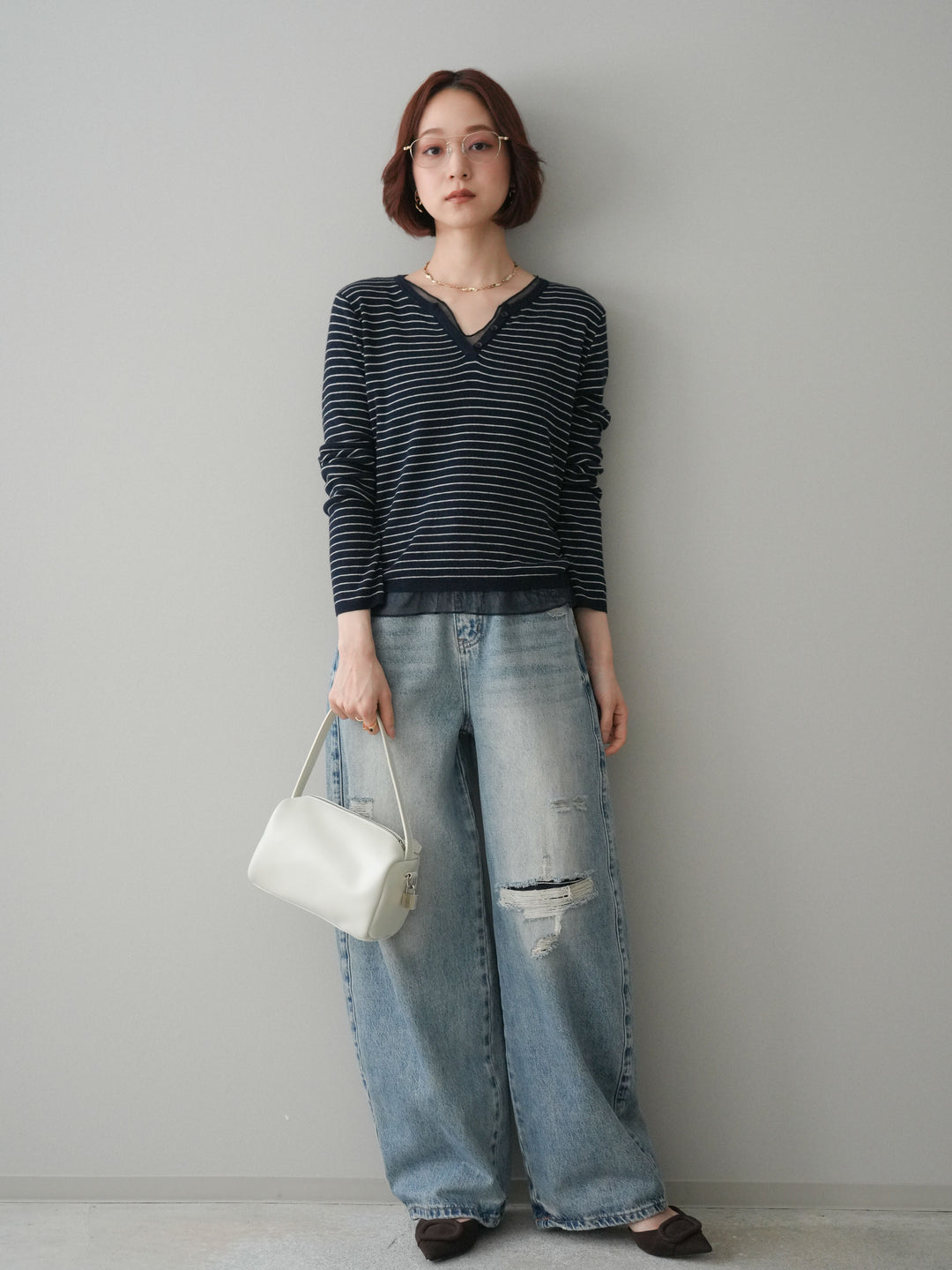 [SET]チュールレイヤードデザインボーダーニットトップス+ダメージデニムセミワイドパンツ(2set)