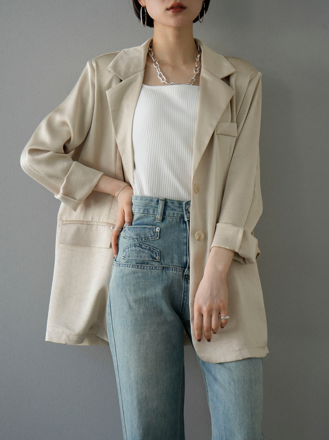[Pre-order] Crushed satin tailored jacket/cream
