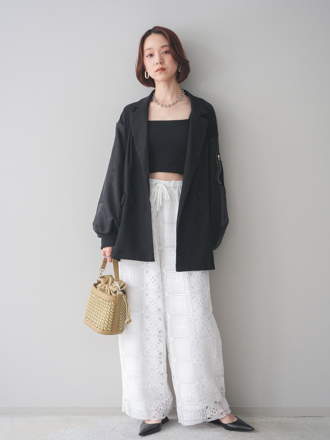 [SET]MA-1ドッキングデザインジャケット+カップ付テレコリブベアキャミソール+パネルレースイージーパンツ(3set)