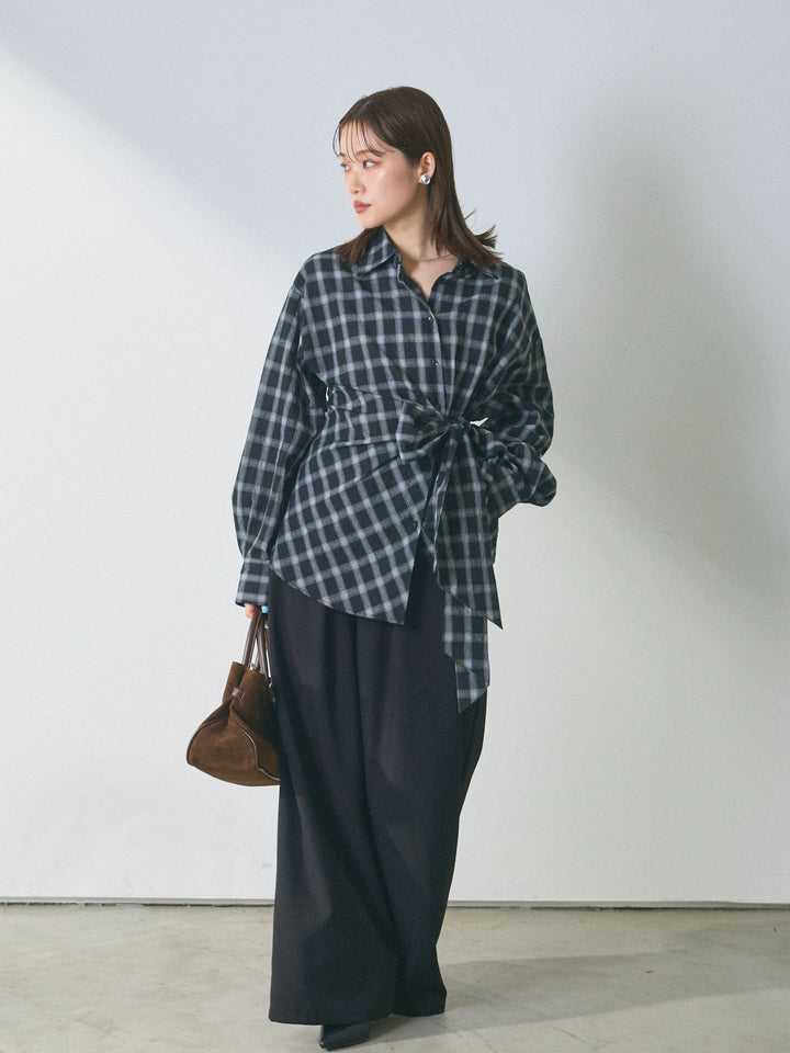【Allure】[SET]ウエストアシメリボンシャツ+ベルトループデザインワイドパンツ(2set)