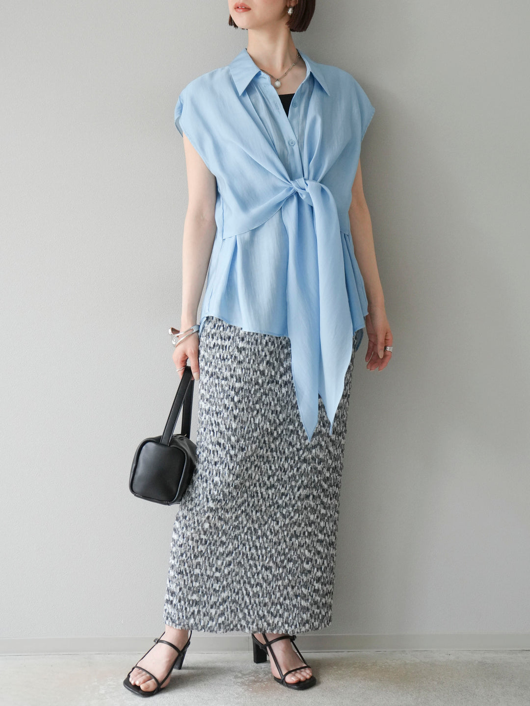 [SET]フロントタイシアーブラウス+マルチカラーランダムプリーツタイトスカート(2set)