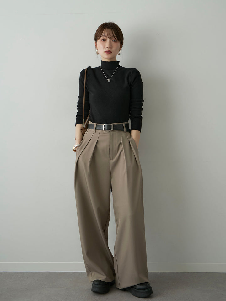 [SET]リブモックネックニットトップス+ツイルタックワイドパンツ(2set)