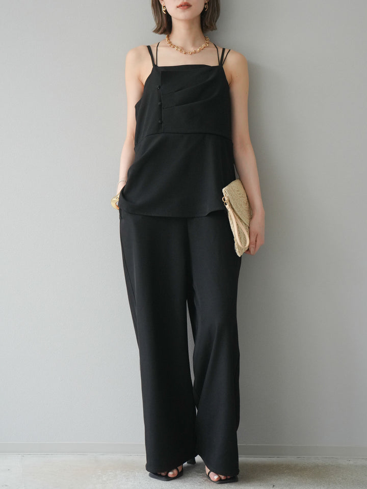 [預購] 亞麻觸感多層吊帶連身衣/黑色