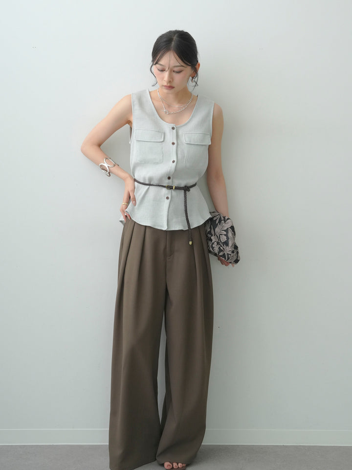 [SET]ベルト付Wポケット細リブタンクトップ+クレープデシンタックワイドパンツ(2set)