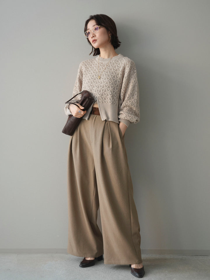 [予約]透かし編みフロントジップスリットニットプルオーバー/lightbeige