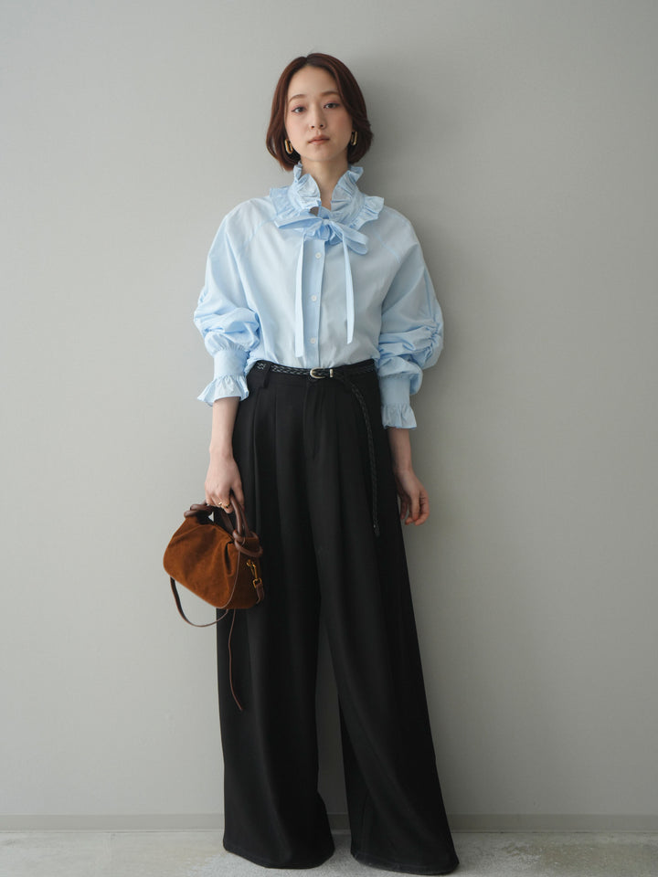 [SET]フリルネックギャザーブラウス+編み込みベルト付タックワイドパンツ(2set)