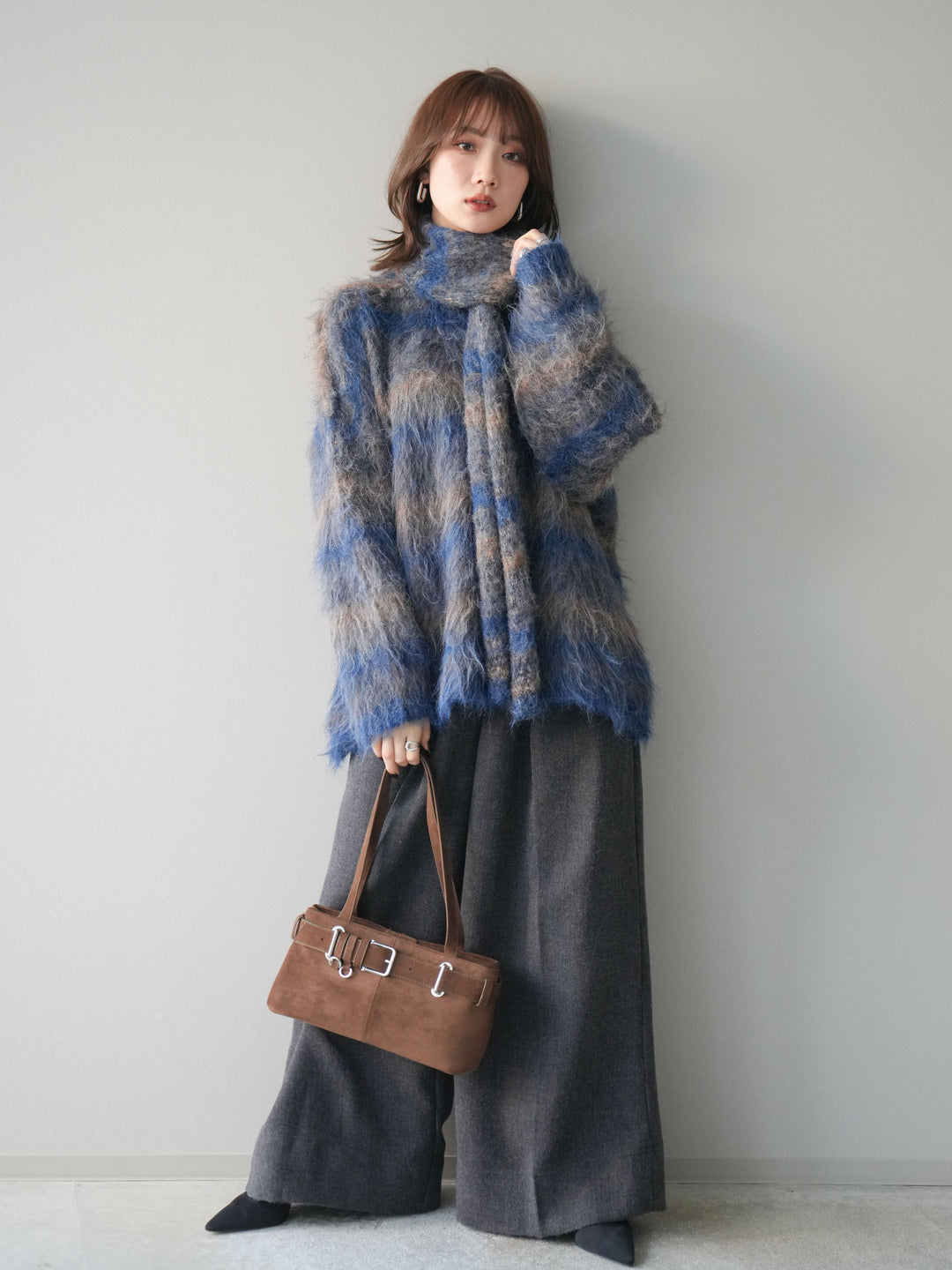 [予約]ウールタッチベルト付ワイドパンツ/charcoal