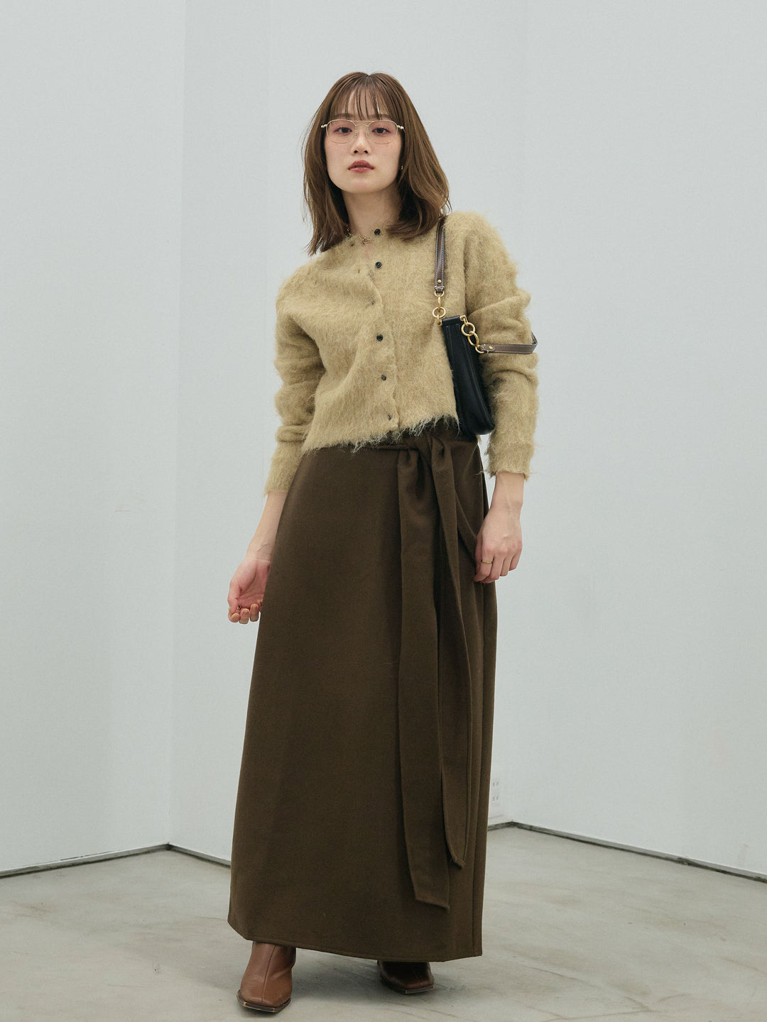 【Allure】[SET]モヘアタッチクロップドニットプルオーバー+ウールタッチウエスト巻きスカート(2set)