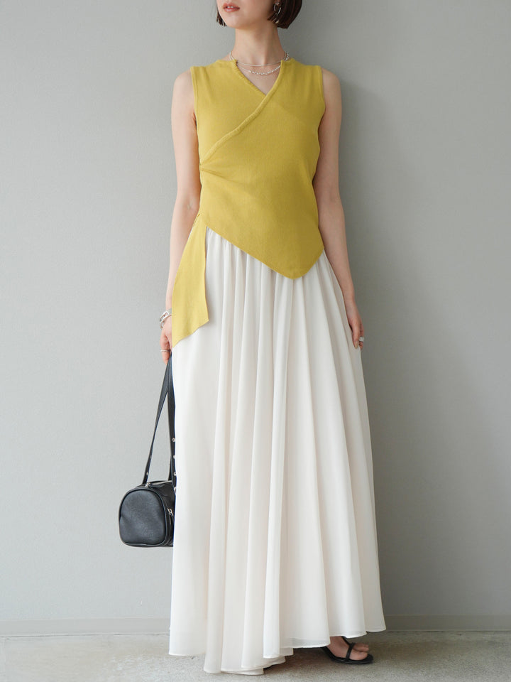 [SET]カシュクールノースリーブニットトップス+シフォンフレアスカート(2set)