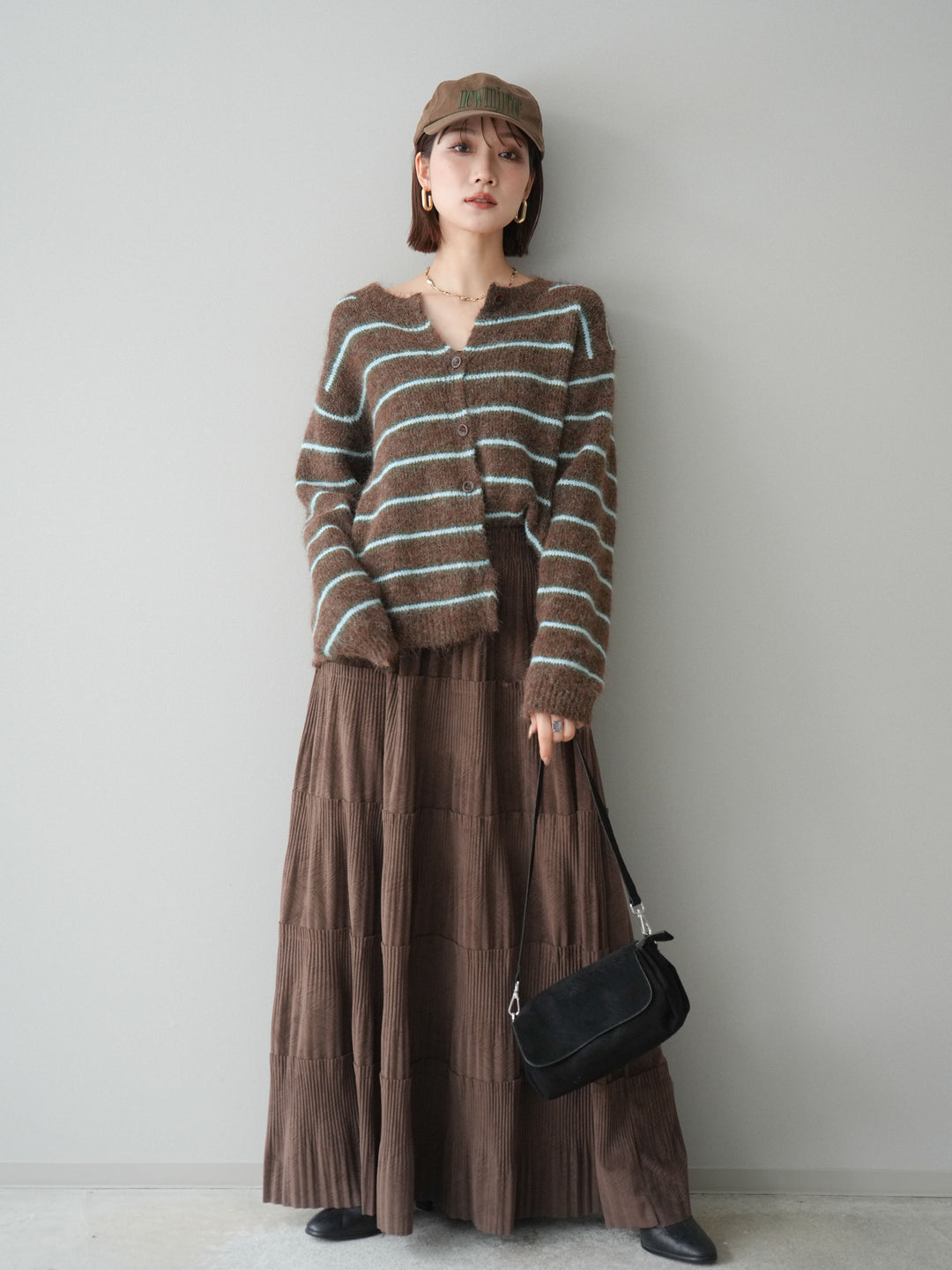 [予約]ボーダーシャギーニットカーディガン/brown