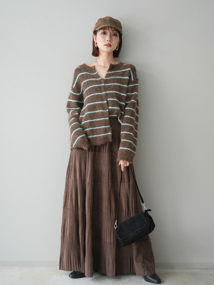 [予約]ボーダーシャギーニットカーディガン/brown