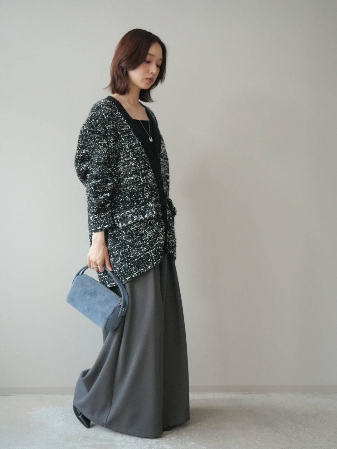 [SET]モールネップニットカーディガン+テープベルトタックバギーパンツ(2set)